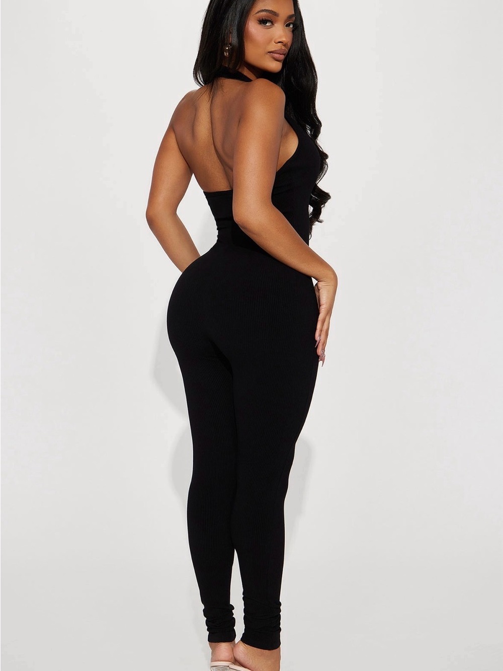 Black Ribbed Snatched Halter Jumpsuit for Women